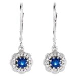 14K Gold Vintage Diamond Halo Blue Sapphire Leverback Drop Earrings