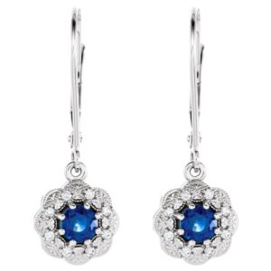 14K Gold Vintage Diamond Halo Blue Sapphire Leverback Drop Earrings