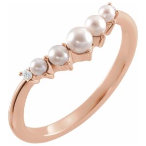 14K Rose Gold Curved Pearl Wedding Band with Diamonds