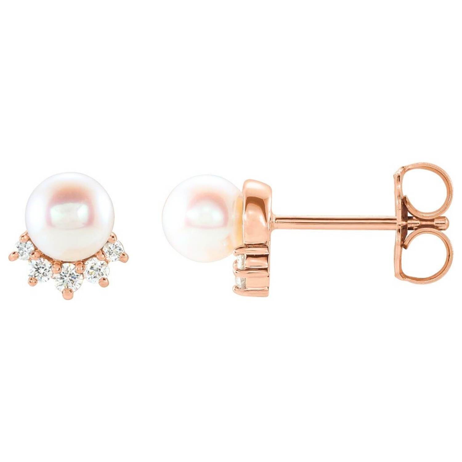 14K Rose Gold Diamond Crown Pearl Stud Earrings 14K Rose Gold Diamond Crown Pearl Stud Earrings