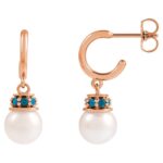 14K Rose Gold London Blue Topaz Pearl Dangle Hoop Earrings 14K Rose Gold London Blue Topaz Pearl Dangle Hoop Earrings