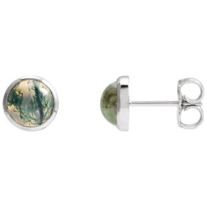 14K White Gold Bezel Set Green Moss Agate Stud Earrings
