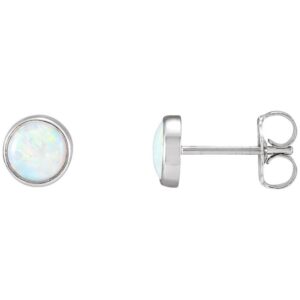 14K White Gold Bezel Set White Opal Stud Earrings