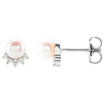 14K White Gold Diamond Crown Pearl Stud Earrings 14K White Gold Diamond Crown Pearl Stud Earrings