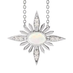 14K White Gold Diamond and Opal Starburst Pendant Necklace