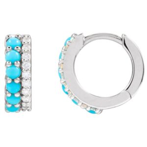 14K White Gold Double Row Turquoise Diamond Huggie Hoop Earrings