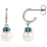 14K White Gold London Blue Topaz Pearl Dangle Hoop Earrings 14K White Gold London Blue Topaz Pearl Dangle Hoop Earrings