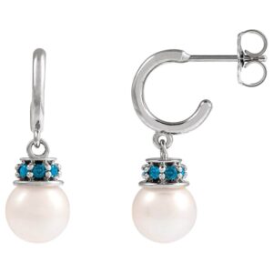 14K White Gold London Blue Topaz Pearl Dangle Hoop Earrings