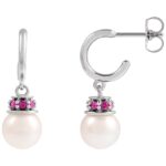 14K White Gold Pink Tourmaline Pearl Dangle Hoop Earrings 14K White Gold Pink Tourmaline Pearl Dangle Hoop Earrings