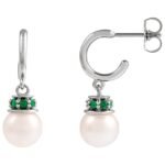 14K White Gold Tsavorite Garnet and Pearl Drop Hoop Earrings