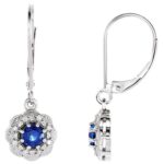 14K White Gold Vintage Diamond Halo Blue Sapphire Leverback Drop Earrings