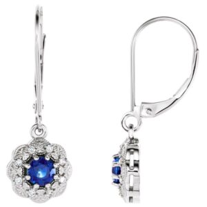 14K White Gold Vintage Diamond Halo Blue Sapphire Leverback Drop Earrings