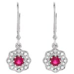 14K White Gold Vintage Diamond Halo Ruby Leverback Drop Earrings