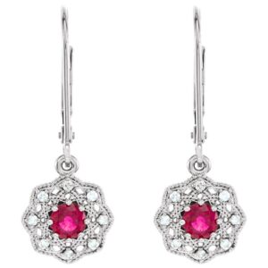 14K White Gold Vintage Diamond Halo Ruby Leverback Drop Earrings
