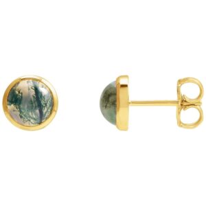 14K Yellow Gold Bezel Set Green Moss Agate Stud Earrings