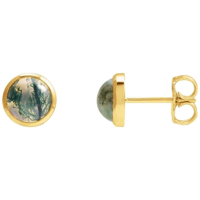 14K Yellow Gold Bezel Set Green Moss Agate Stud Earrings