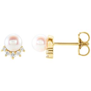 14K Yellow Gold Diamond Crown Pearl Stud Earrings