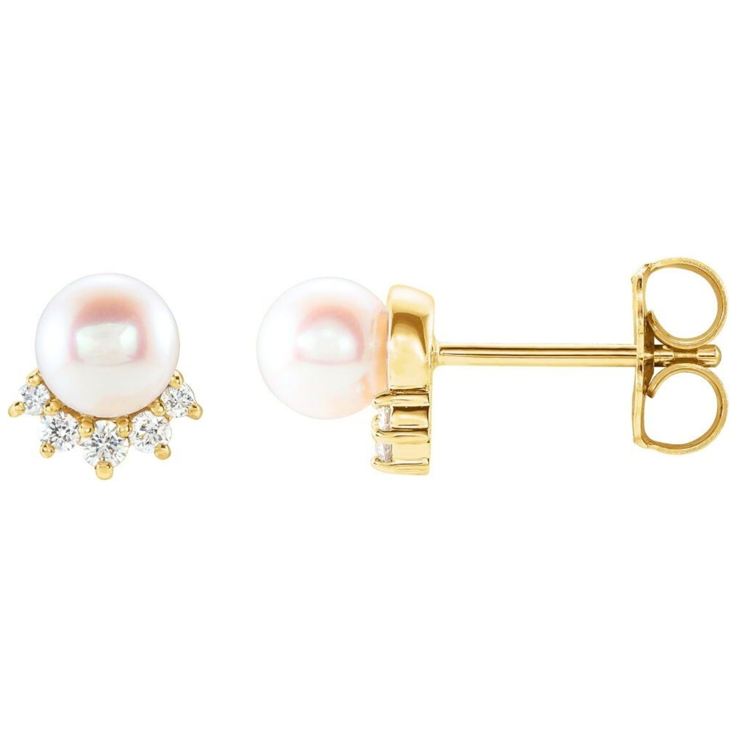 14K Yellow Gold Diamond Crown Pearl Stud Earrings 14K Yellow Gold Diamond Crown Pearl Stud Earrings