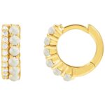 14K Yellow Gold Double Row White Opal and Diamond Huggie Hoop Earrings 14K Yellow Gold Double Row White Opal and Diamond Huggie Hoop Earrings