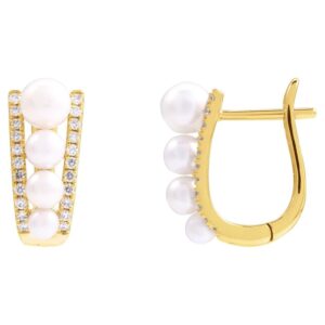 14K Yellow Gold Graduated Pearl Diamond Hoop Earrings
