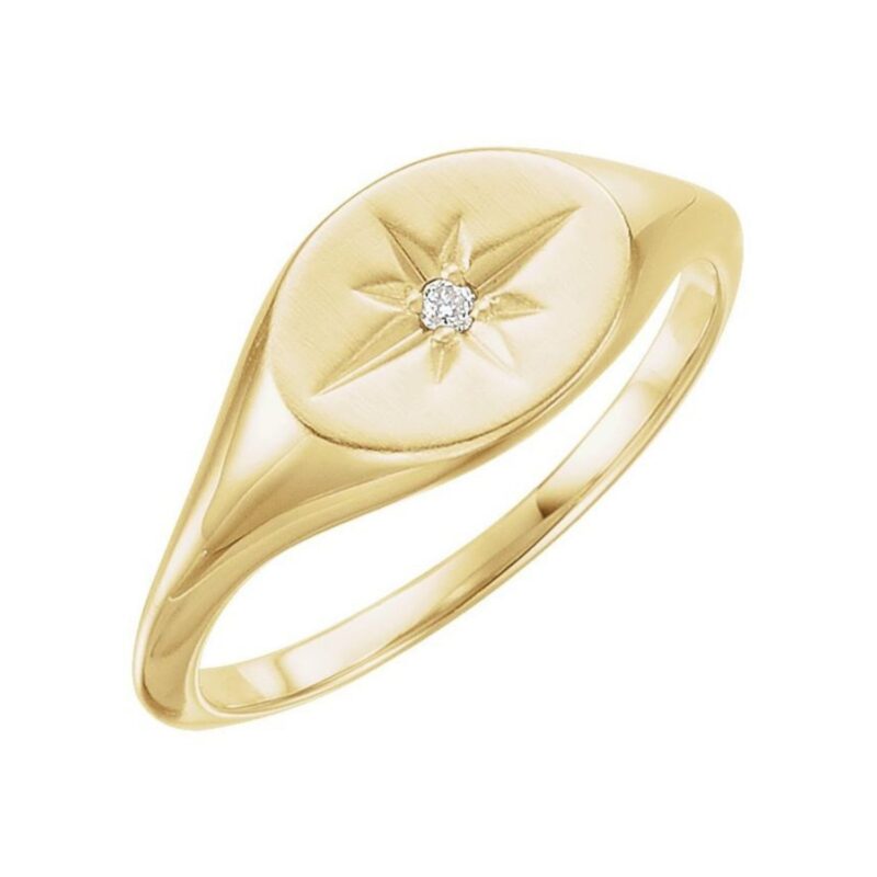 14K Yellow Gold North Star Signet Ring with Diamond