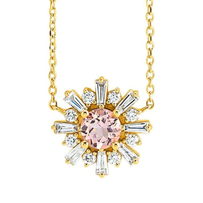 14K Yellow Gold Pink Morganite Diamond Starburst Necklace Thickness
