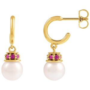 14K Yellow Gold Pink Tourmaline Pearl Dangle Hoop Earrings