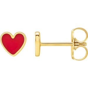 14K Yellow Gold Red Enamel Heart Stud Earrings
