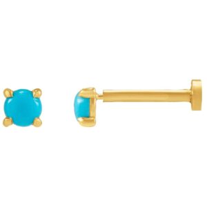 14K Yellow Gold Single 3mm Genuine Turquoise Stud Earrings Flat Back