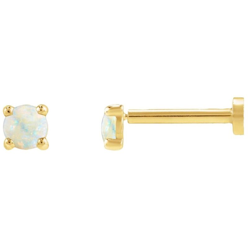 14K Yellow Gold Single 3mm White Opal Stud Earrings Flat Back