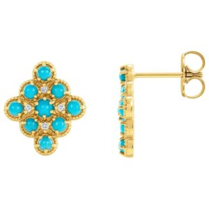 14K Yellow Gold Turquoise Cluster Stud Earrings with Diamonds