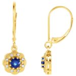 14K Yellow Gold Vintage Diamond Halo Blue Sapphire Leverback Drop Earrings
