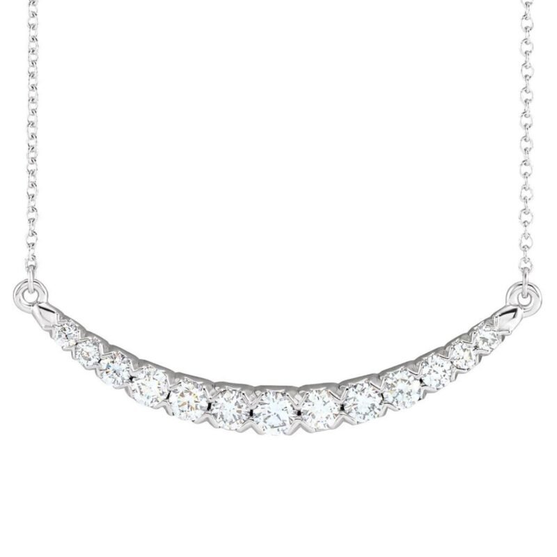 14k White Gold Graduated Diamond Curved Bar Necklace