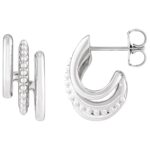 15 mm Three Row Beaded Stacked J-Hoop Earrings 14K White Gold