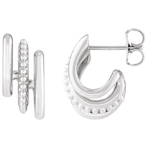 15 mm Three Row Beaded Stacked J-Hoop Earrings 14K White Gold