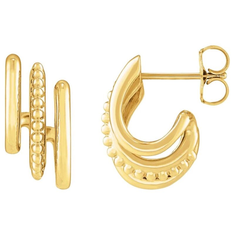 15 mm Three Row Beaded Stacked J-Hoop Earrings 14K Yellow Gold