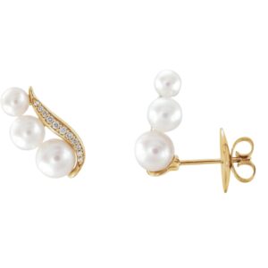 3 Pearl and Diamond Ear Climbers 14K Yellow Gold