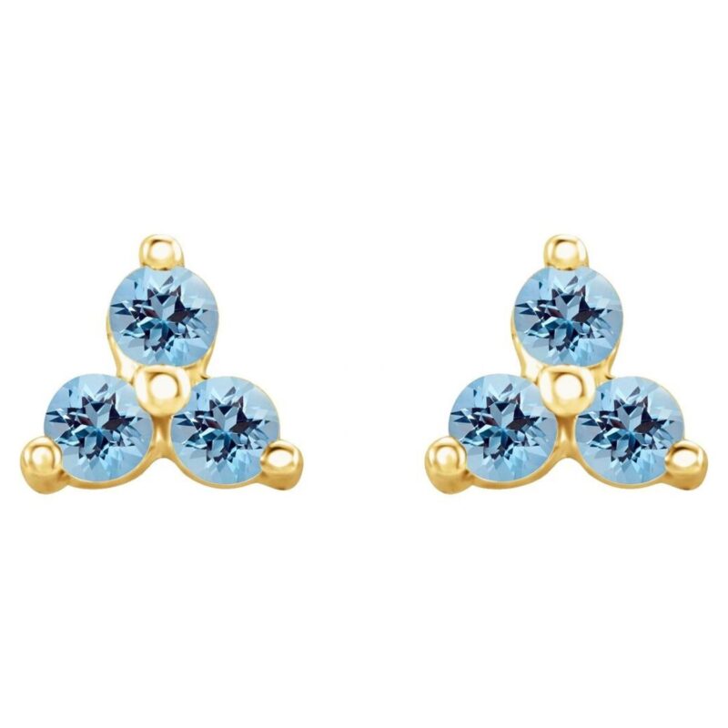 Aquamarine Three Stone Cluster Stud Earrings 14K Gold