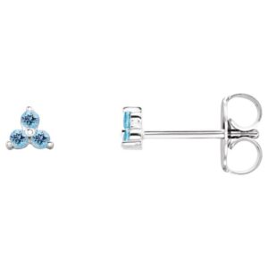 Aquamarine Three Stone Cluster Stud Earrings 14K White Gold