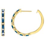 Baguette Blue Sapphire and Diamond Hinged Hoop Earrings 14K Gold