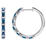 Baguette Blue Sapphire and Diamond Hoop Earrings 14K White Gold
