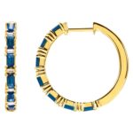 Baguette Blue Sapphire and Diamond Hoop Earrings 14K Yellow Gold