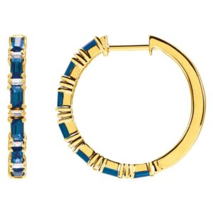 Baguette Blue Sapphire and Diamond Hoop Earrings 14K Yellow Gold