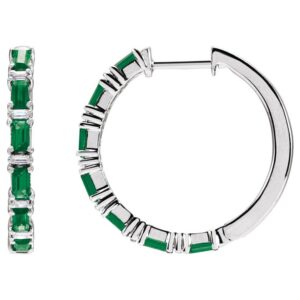 Baguette Emerald and Diamond Hoop Earrings 14K White Gold