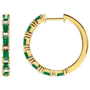 Baguette Emerald and Diamond Hoop Earrings 14K Yellow Gold