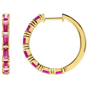 Baguette Ruby and Diamond Hinged Hoop Earrings 14K Yellow Gold