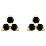 Black Spinel Three Stone Cluster Stud Earrings 14K Gold