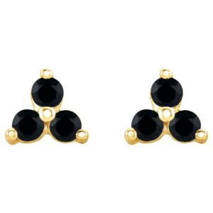 Black Spinel Three Stone Cluster Stud Earrings 14K Gold