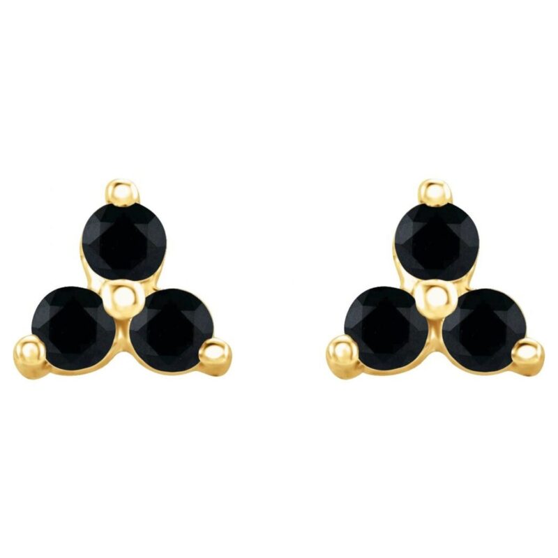 Black Spinel Three Stone Cluster Stud Earrings 14K Gold