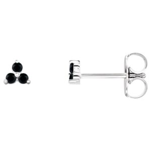 Black Spinel Three Stone Cluster Stud Earrings 14K White Gold